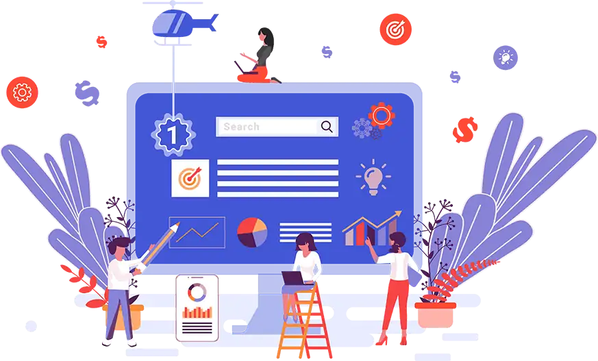 Illustration of an SEO and digital marketing strategist reviewing growth data